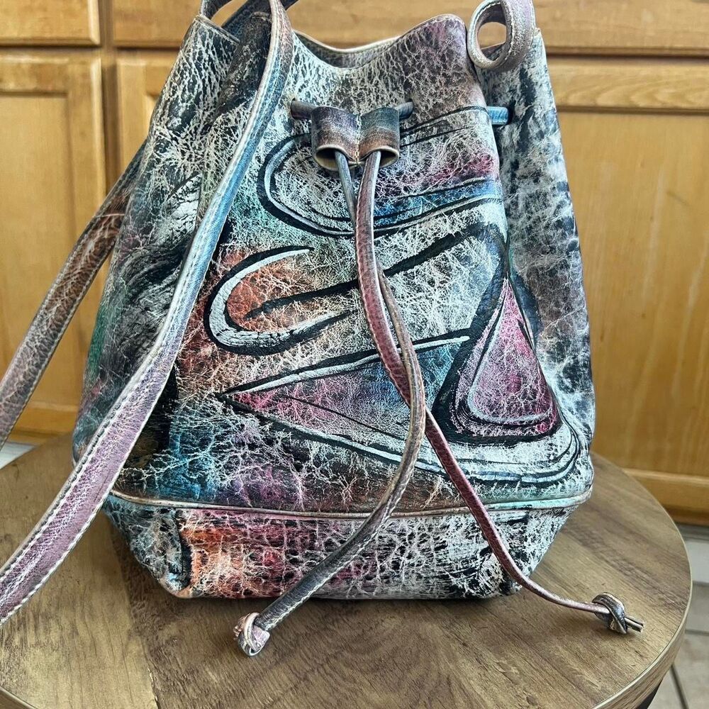 Vintage Botary Women's Multi Hand painted Crossbody Genuine leather Buckey Bag
